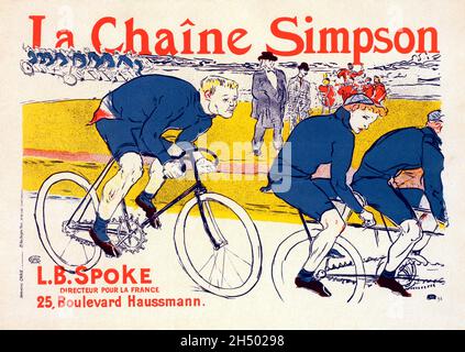 Französisches Vintage-Poster „La Chaine Simpson“, dieses Poster zeigt Andre Huret, der hinter dem Gladiator-Team reitet, von der Mitte der Strecke aus von dem Sportimpressario Tristan Bernard und Louis Bouglé (bekannt als „Spoke“), dem französischen Agenten für Simpson-Ketten, angesehen wird. Von Henri de Toulouse-Lautrec, 1896. Stockfoto