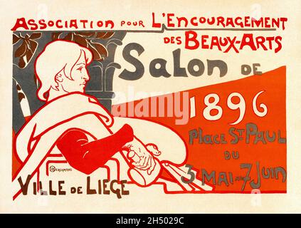 Vintage Poster, das eine Ausstellung des Vereins zur Förderung der bildenden Künste von Lüttich, Belgien, von Emile Berchmans 1896 anwirbt. Stockfoto