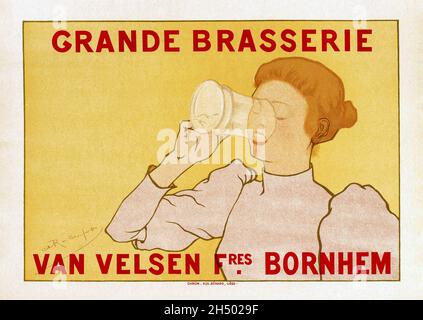 Frau leert einen Becher Bier im belgischen Vintage Poster mit Werbung für die grande Brasserie der Gebrüder Van Velsen in Bornhem von Armand Rassenfosse, 1898. Stockfoto