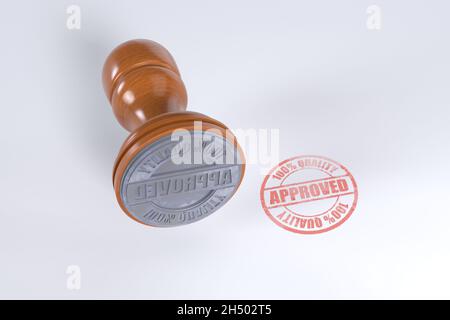 Roter Qualitätsstempel mit Holzstamper isoliert auf weißem Hintergrund genehmigter Text 100% Qualität. Stockfoto