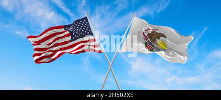 Zwei Flaggen der USA und des Staates Illinois winken im Wind auf Fahnenmasten gegen den Himmel mit Wolken am sonnigen Tag. 3d-Illustration Stockfoto