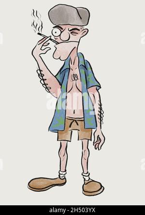 Verrückte Raucher Mann Cartoon Illustration Stockfoto