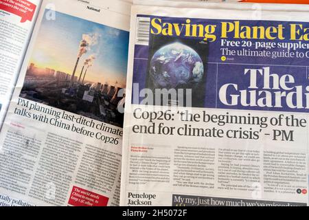Cop26 headline 'der Anfang vom Ende der Klimakrise' - Boris Johnson PM plant Klimagespräche mit China im Guardian 30 Oct 2021 Großbritannien Stockfoto