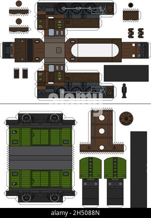 Papiermodell einer alten Dampflokomotive und eines grünen Güterwagens Stock Vektor