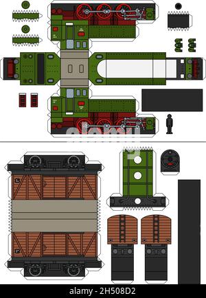 Papiermodell einer alten grünen Dampflokomotive und eines Güterwagens Stock Vektor