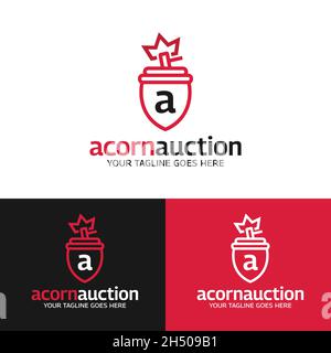 Acorn Auction Shield Logo Design-Vorlage. Geeignet für Auktion Rechtsanwalt Richter Anwalt Gerichtsgebäude Gesetzgebung Defender Business Company etc. Stock Vektor