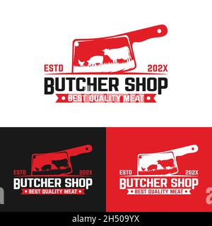 Fleischmesser mit einem Symbol für Hühnchen aus Schweinefleisch. Geeignet für Metzgerei Deli Beef Meat Shop Market Vintage Hipster Retro Logo Design Template. Stock Vektor