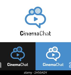 Ballon Bubble Chat mit Play Button und Camera Reel Logo Design Template. Geeignet für Video Film Cinema Studio Production Creator Company etc. Stock Vektor