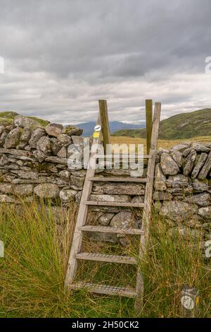 Eine hölzerne Treppe führt über eine Mauer auf einem Fußweg in den Hügeln hinter Harlech. Stockfoto