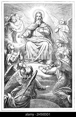 Gott der Vater sitzt auf dem Thron im Himmel, umgeben von Engeln oder Cheruben. Bibel, altes Testament. Antike Vintage-Zeichnung Stockfoto