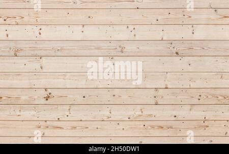 Natürliche, unverfärbte Holzwand aus Kiefernholzplatten, Vorderansicht. Nahtlose Hintergrundfotostruktur Stockfoto