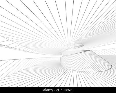 Umreißen eines Drahtrahmens eines spiralförmigen Innenraums, isoliert auf weißem Hintergrund, 3d-Rendering-Illustration Stockfoto