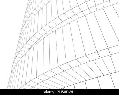 Umriss eines Drahtrahmens eines runden Gebäudes außen, isolierte Konturlinien auf weißem Hintergrund, 3d-Darstellung Stockfoto