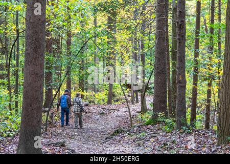 Logan, Ohio - Besucher wandern auf einem Wanderweg im Rock House-Bereich des Hocking Hills State Park. Stockfoto