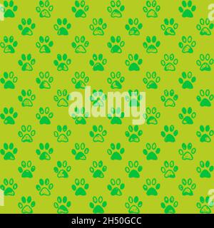Grüne Pfote druckt auf gelbem Hintergrund, ein nahtloses Muster Stockfoto