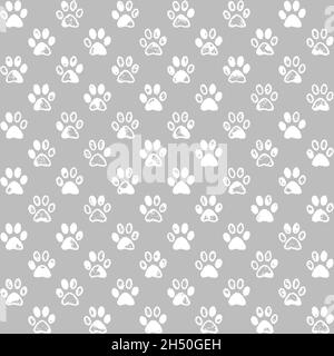 Paw druckt in weiß und grau, ein nahtloses Hintergrundmuster Stockfoto