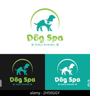 Dog Silhouette mit einer Umarmung für das Dog Spa Logo Design Template. Perfekt für Tierhandlungen, Tierkliniken, Hundespa und -Pflege oder hundeliebende Gemeinschaften. Stock Vektor