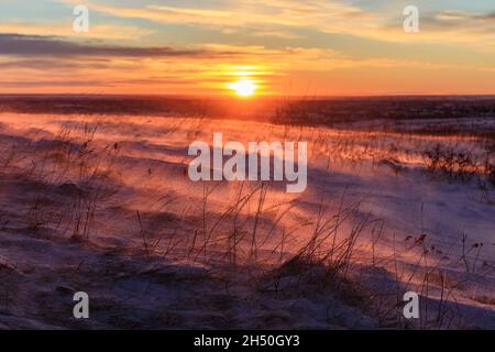Schneebedecktes Windfeld mit aufgehender Sonne am Horizont Stockfoto
