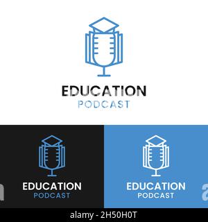 Mikrofon mit Buch- und Abschlusskappe für den Bildungsbereich Podcast im einfachen Linienstil Logo Design-Vorlage. Stock Vektor