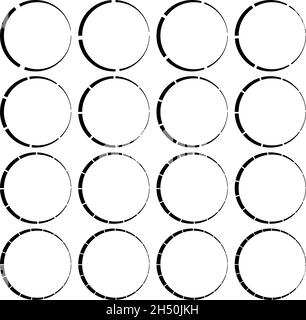 Segmentierte, geteilte Kreise mit 3, 4, 5, 6, 7, 8, 9, 10, 12, 14, 15, 16, 18, 20, 22, 24 Teile, Abschnitte. Kreisdiagramm, Kreisdiagramm-ähnliches Infografik-Element Stock Vektor