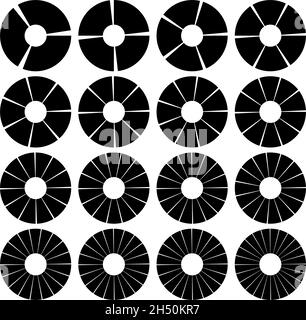 Segmentierte, geteilte Kreise mit 3, 4, 5, 6, 7, 8, 9, 10, 12, 14, 15, 16, 18, 20, 22, 24 Teile, Abschnitte. Kreisdiagramm, Kreisdiagramm-ähnliches Infografik-Element Stock Vektor