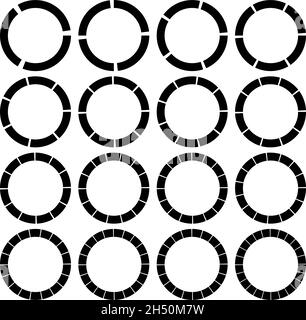 Segmentierte, geteilte Kreise mit 3, 4, 5, 6, 7, 8, 9, 10, 12, 14, 15, 16, 18, 20, 22, 24 Teile, Abschnitte. Kreisdiagramm, Kreisdiagramm-ähnliches Infografik-Element Stock Vektor