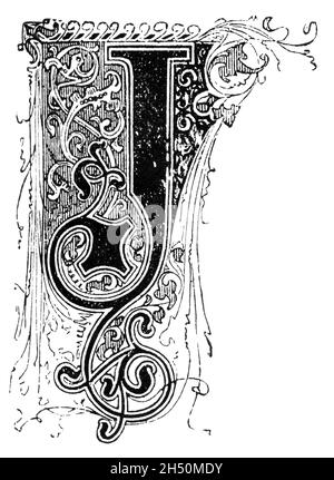 Großer dekorativer verzierter Buchstabe J, mit Blumenverzierung oder Ornament. Antike Vintage-Zeichnung Stockfoto