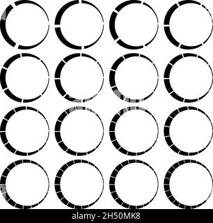 Segmentierte, geteilte Kreise mit 3, 4, 5, 6, 7, 8, 9, 10, 12, 14, 15, 16, 18, 20, 22, 24 Teile, Abschnitte. Kreisdiagramm, Kreisdiagramm-ähnliches Infografik-Element Stock Vektor