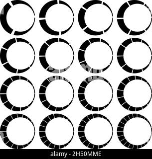 Segmentierte, geteilte Kreise mit 3, 4, 5, 6, 7, 8, 9, 10, 12, 14, 15, 16, 18, 20, 22, 24 Teile, Abschnitte. Kreisdiagramm, Kreisdiagramm-ähnliches Infografik-Element Stock Vektor