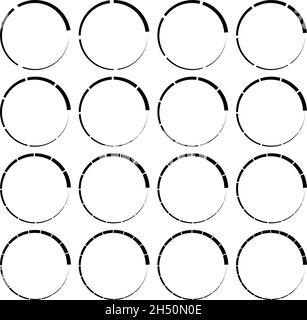 Segmentierte, geteilte Kreise mit 3, 4, 5, 6, 7, 8, 9, 10, 12, 14, 15, 16, 18, 20, 22, 24 Teile, Abschnitte. Kreisdiagramm, Kreisdiagramm-ähnliches Infografik-Element Stock Vektor