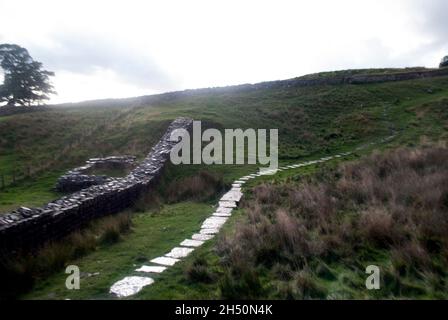 Nasse und glänzende Steinplatten des Pfades, die entlang Hadrians Wall Sycamore Gap und Steel Rigg an Hadrians Wall, Northumberland, England, Großbritannien, führen Stockfoto