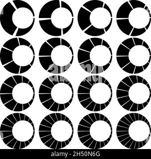 Segmentierte, geteilte Kreise mit 3, 4, 5, 6, 7, 8, 9, 10, 12, 14, 15, 16, 18, 20, 22, 24 Teile, Abschnitte. Kreisdiagramm, Kreisdiagramm-ähnliches Infografik-Element Stock Vektor