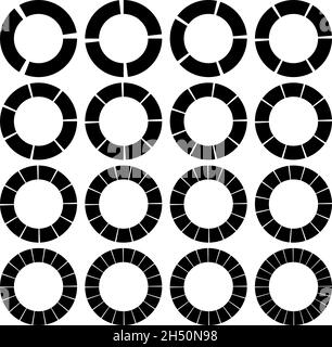 Segmentierte, geteilte Kreise mit 3, 4, 5, 6, 7, 8, 9, 10, 12, 14, 15, 16, 18, 20, 22, 24 Teile, Abschnitte. Kreisdiagramm, Kreisdiagramm-ähnliches Infografik-Element Stock Vektor