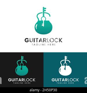Guitar Padlock Logo Design Template.das Logo besteht aus einer Gitarre, die ein Vorhängeschloss bildet, und zwei Schlüsseln. Geeignet für Musik oder Sicherheit schützen Unternehmen usw.. Stock Vektor