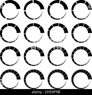 Segmentierte, geteilte Kreise mit 3, 4, 5, 6, 7, 8, 9, 10, 12, 14, 15, 16, 18, 20, 22, 24 Teile, Abschnitte. Kreisdiagramm, Kreisdiagramm-ähnliches Infografik-Element Stock Vektor