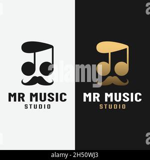 Design-Vorlage für Musiknoten und Schnurrbart für MR-Musiklogo. Dieses Logo stellt Musiknoten wie Haare und einen Mann mit Sonnenbrille dar. Stock Vektor