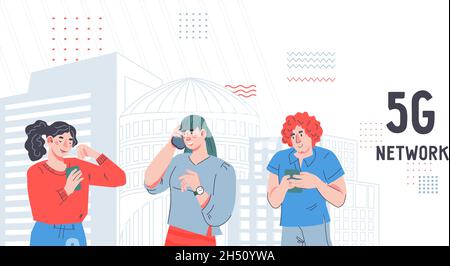 5g-Netz-Website-Interface-Vorlage mit Menschen, die mobile Geräte verwenden, flache Vektordarstellung. Stock Vektor