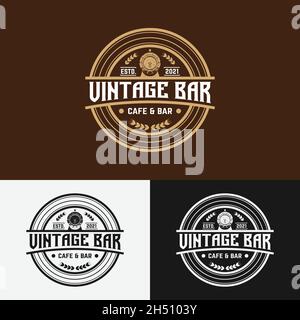 Design-Vorlage Für Logo-Emblem Der Vintage Bar Cafe Mit Stempeletikett. Geeignet für Bier Whiskey Alchohol Rum Bar Cafe Brewery Pub Restaurant etc. Stock Vektor