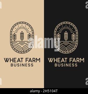 Weizen Reis Getreide Land Landwirtschaft Lineare Linie Umriss Luxus Vintage Hipster Retro Logo Design. Stock Vektor