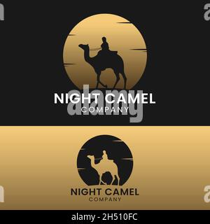 Design-Vorlage für „People Riding on Camel“ und „Golden Moon Logo“. Geeignet für den allgemeinen Transport Travel Tourism Company Studio Business Brand Logo. Stock Vektor