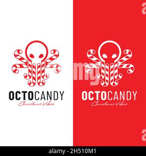 Octopus Christmas Candy Logo Design-Vorlage. Octopus mit 8 roten und weißen Tentakel Süßigkeiten. Logo mit Weihnachts- und Tiermotiven. Stock Vektor