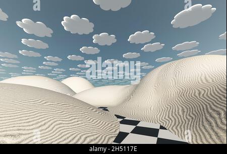 Einsamer Baum in surrealer Wüstenlandschaft. 3D-Rendering. Stockfoto