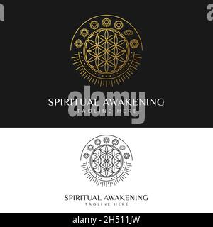 Spirituelles Erwachen mit Blume des Lebens und 7 Chakra Symbole Logo Design-Vorlage. Geeignet für Meditation Yoga Studios oder Gesundheitsmedizin etc. Stock Vektor