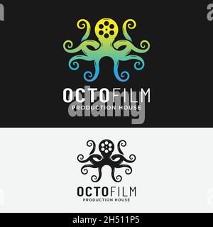 Octopus mit Kamera Reel Stripes Filmstreifen Logo Design Vorlage. Geeignet für die Kinematographie Video Film Filmproduktion Studio Kino Theater etc. Stock Vektor