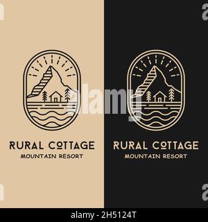 Cottage House und Mountain in Line Style Logo Design Template. Geeignet für Landwirtschaft Landwirtschafts-Stadt Rural Business Brand Company Corporate Badge etc. Stock Vektor