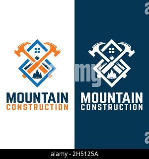 Design-Vorlage Für Mountain Construction Logo. Hämmer, Berge, Bäume und Dächer von Häusern symbolisieren den Bau in der Natur. Stock Vektor