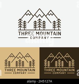 Drei Berg- und Kiefernbäume für Abenteuer Outdoor Wandern Camping Jagd Sport Ausrüstung Bekleidung Business Brand in Simple Line Unique Hipster Vintage etc. Stock Vektor
