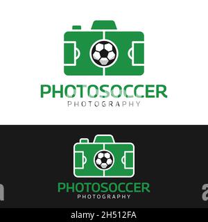 Kamera mit Fußballfeld und Ball Logo Design Vorlage. Geeignet für Fotografie Fotostudio, Fotograf, Sport, Kameramänner, Reporter usw.. Stock Vektor