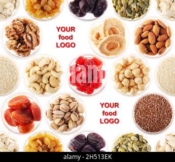 Nahtloser Hintergrund aus Nüssen, getrockneten Beeren und trockenen Früchten mit Sesam und Leinensamen auf Weiß. Platz für Text oder Logo Stockfoto