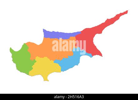 Zypern-Karte, administrative Teilung, separate einzelne Regionen, Farbkarte isoliert auf weißem Hintergrund, leer Stockfoto